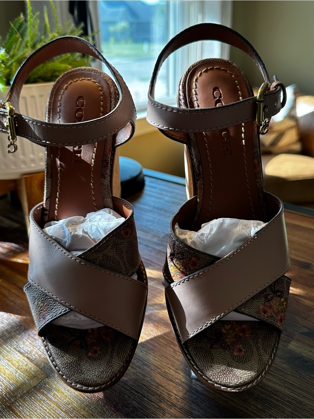 COACH Taupe Leather & Signature Floral Cross-Strap Heels